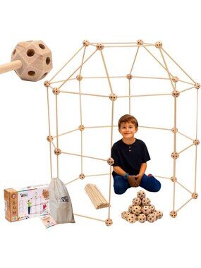 Wooden Fort Building Kit for Kids - STEM Montessori Construction Toy, 82 Pieces